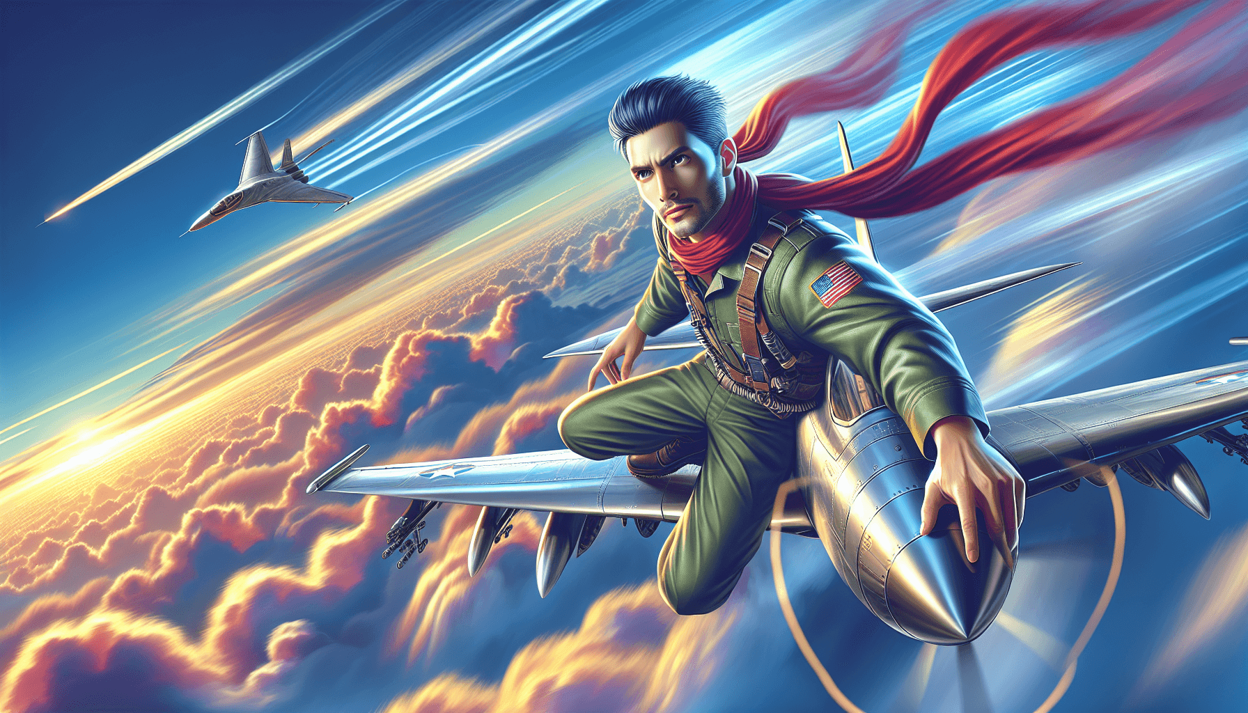 Heroic aviator in flight